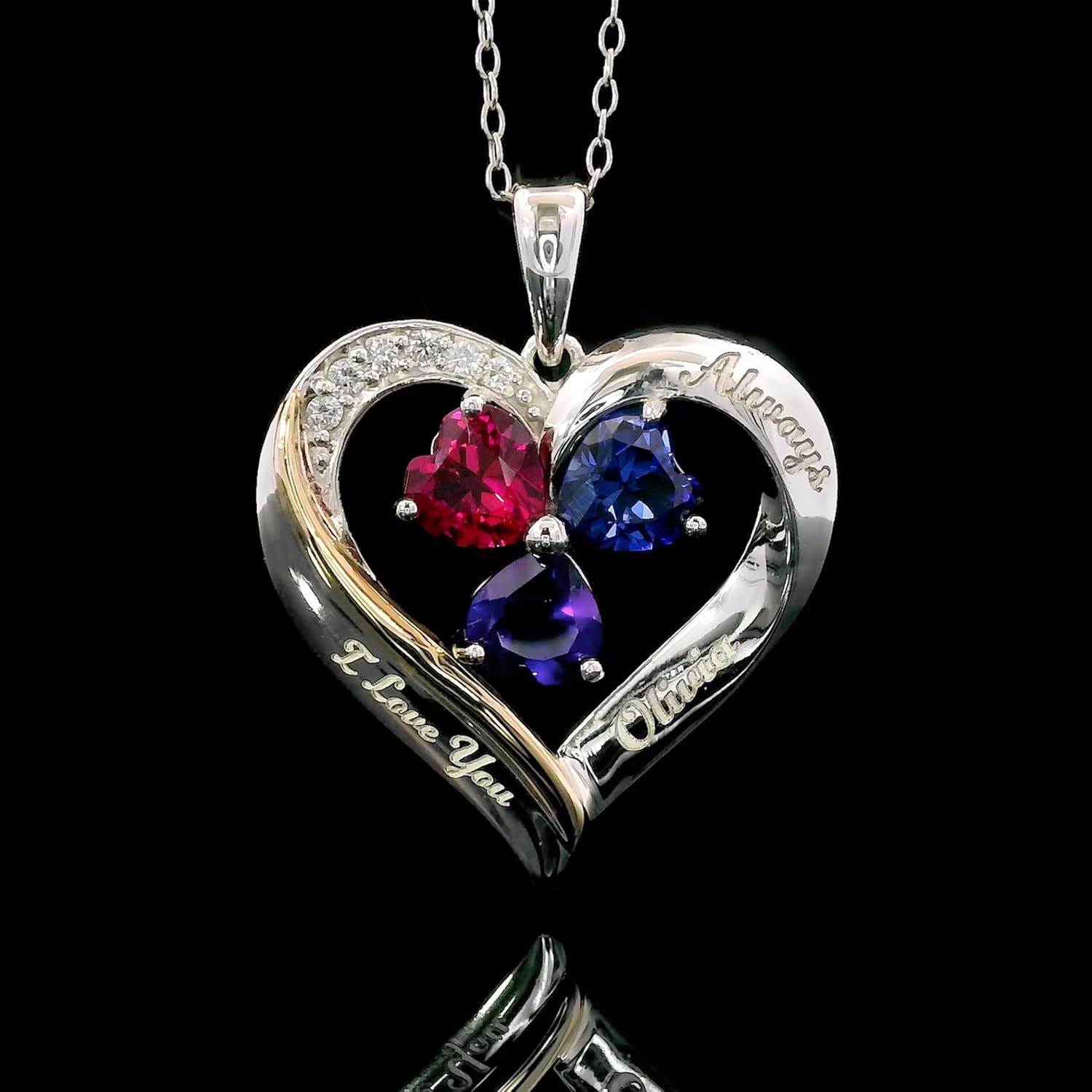 Gem Stone King Customized Personalized Engraved 3-Stone Heart Pendant Necklace For Women | 925 Silver and 10K Yellow Gold | Gemstone Birthstone and Lab Grown Diamond | 5MM Heart | 18 Inch Chain