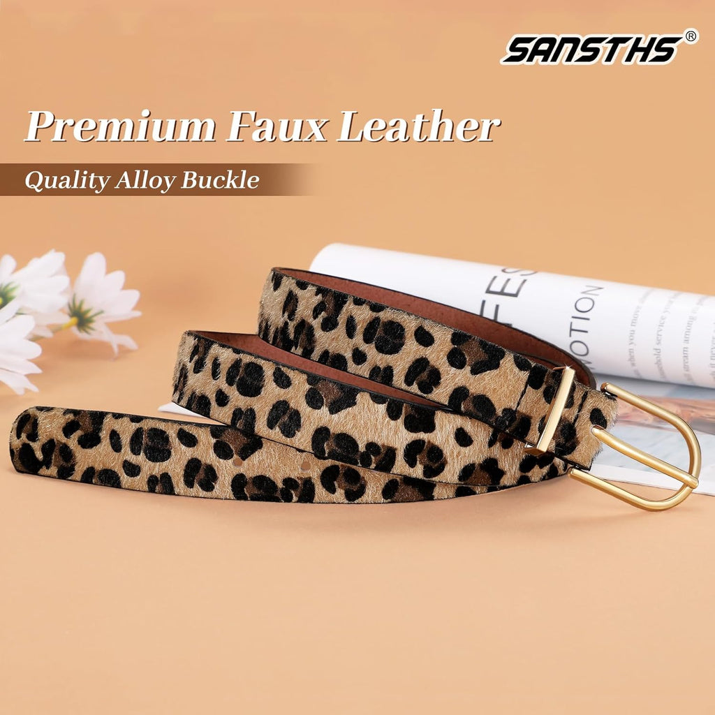 SANSTHS Women Faux Leather Chic Belts for Jeans Pants Dresses, Fashion Ladies Belt Solid Color with Gold Curved Pin Buckle