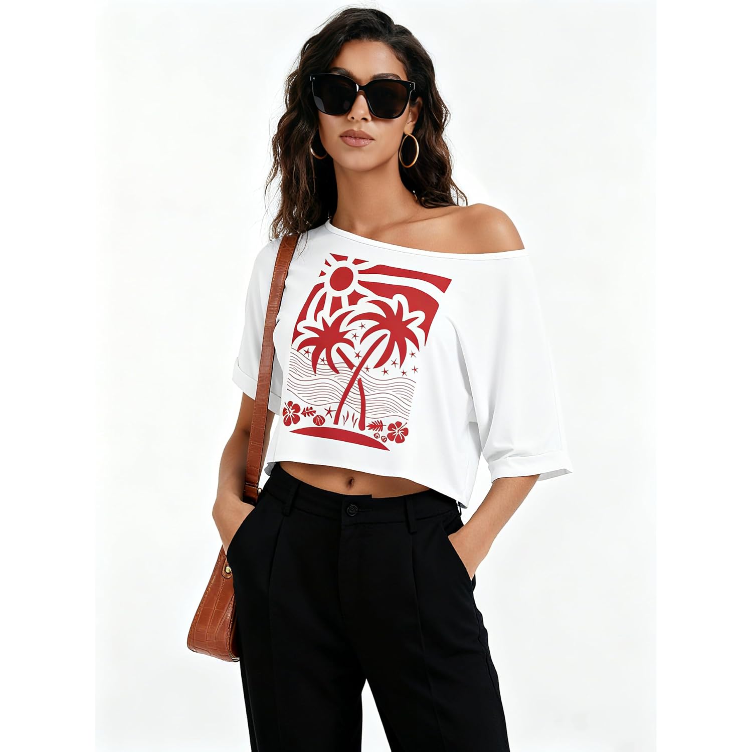 Kistore Off The Shoulder Tops for Women Going Out Short Sleeve Crop Top Boat Neck Loose T Shirt B Coconut Tree Print