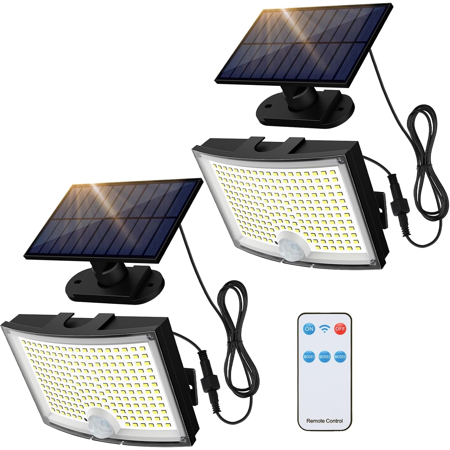 Solar Outdoor Lights, 202 Leds Flood Lights With 16.4 Ft Cable, Remote Control Solar Motion Sensor Outdoor Lights, 3 Modes Solar Powered Security Lights For Outside Patio, Yard, Garage, 2 Pack