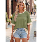 Dokotoo Womens Summer Tops Casual Oversized Short Sleeve T Shirts Crewneck Color Block Side Slit Basic Tee Blouses