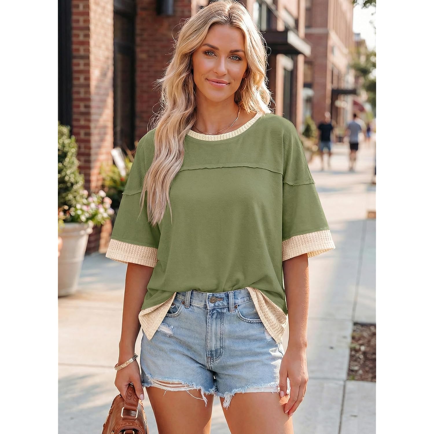 Dokotoo Womens Summer Tops Casual Oversized Short Sleeve T Shirts Crewneck Color Block Side Slit Basic Tee Blouses
