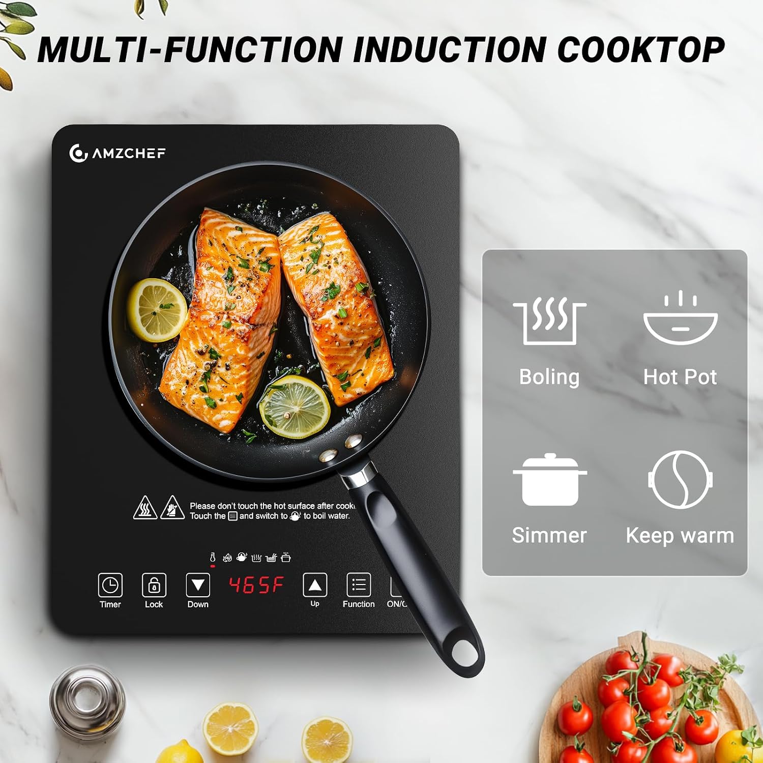 Amzchef Portable Induction Cooktop, 20 Temperature & Power Levels, 1800W | Induction Stove Burner With 6.8" Heating Coil, Low Noise Hot Plate, Single Electric Cooktops, 120°F To 465°F, 4 Hour Timer