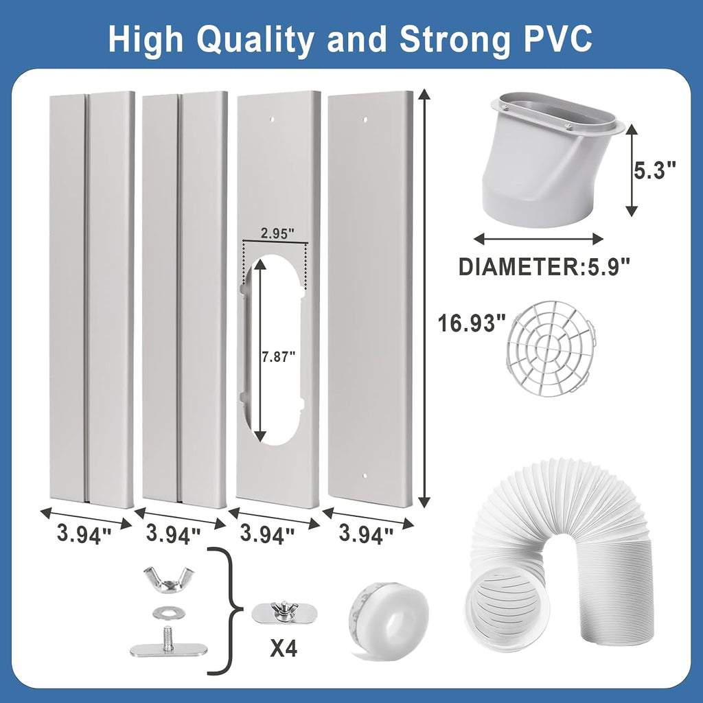 Portable Ac Window Vent Kit, Adjustable Vertical/Horizontal Sliding Window Kit Plate For Ac Unit, Seamless Portable Ac Window Seal With 5.9 Inch Diameter, 59 Inch Length Exhaust Hose