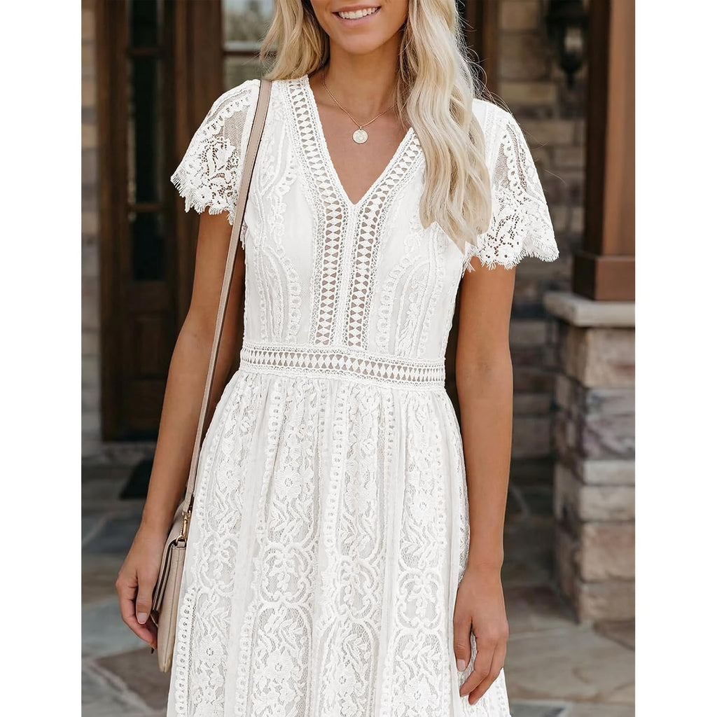 Merokeety Women'S 2026 V Neck Short Sleeve Floral Lace Wedding Dress A Line Boho Bridesmaid Cocktail Party Maxi Dress
