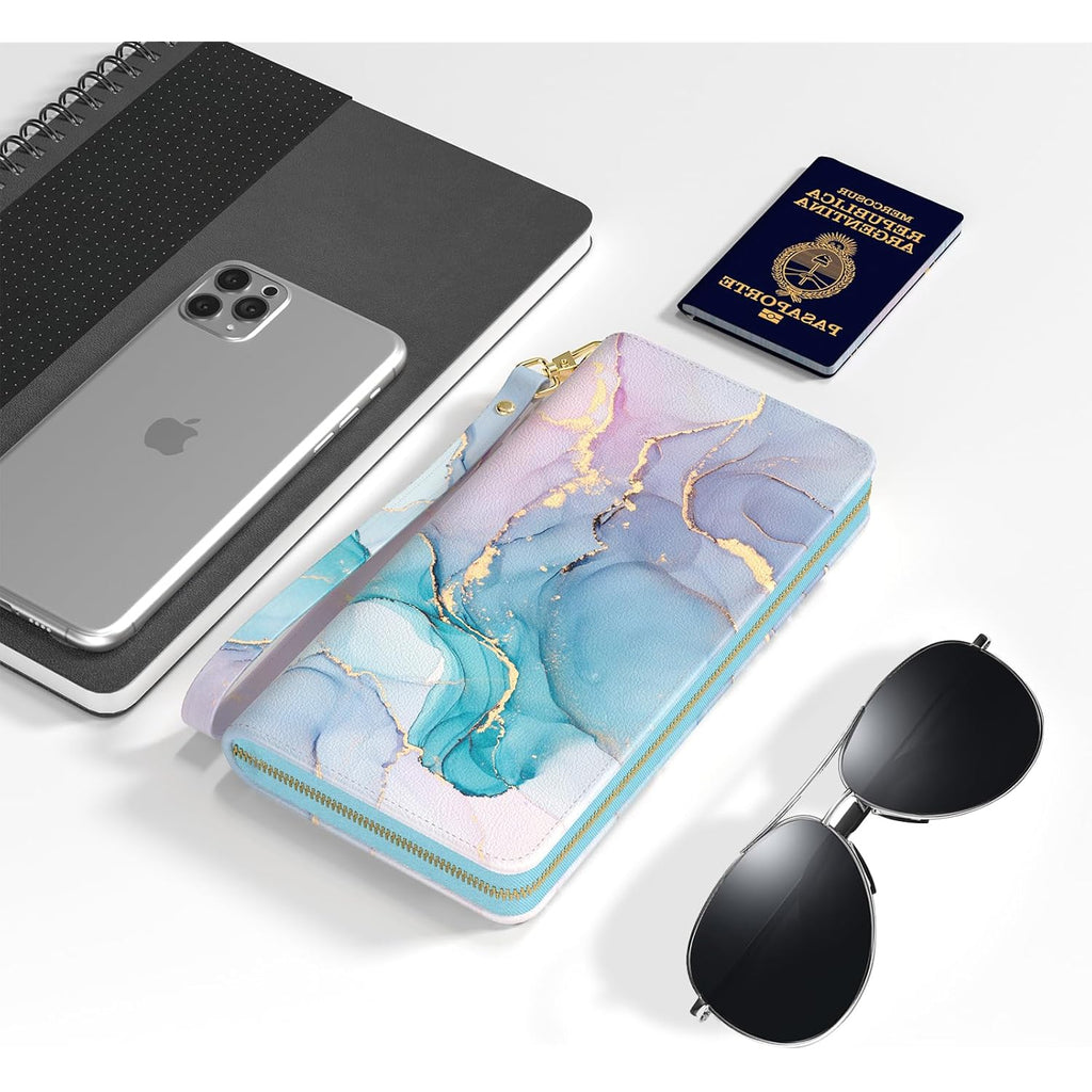 Nipichsha Womens Wallet, RFID Wristlet Wallet for Women, Cute Ladies Purse, Large Credit Card Clutch Purse, Leather Card Holder Wallets with Zipper & Phone Holder, Colorful Ink Marble