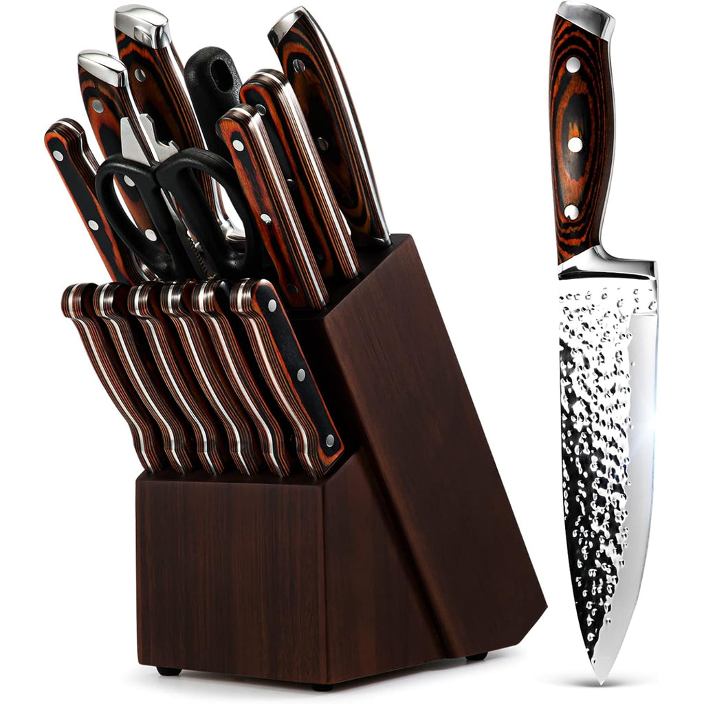 Kitchen Knife Set,15-Piece Knife Set With Block Wooden,Self Sharpening For Chef Knife Set,High Carbon Japan Stainless Steel Hammered Collection Knife Block Set With Steak Knives, Boxed Knife Set