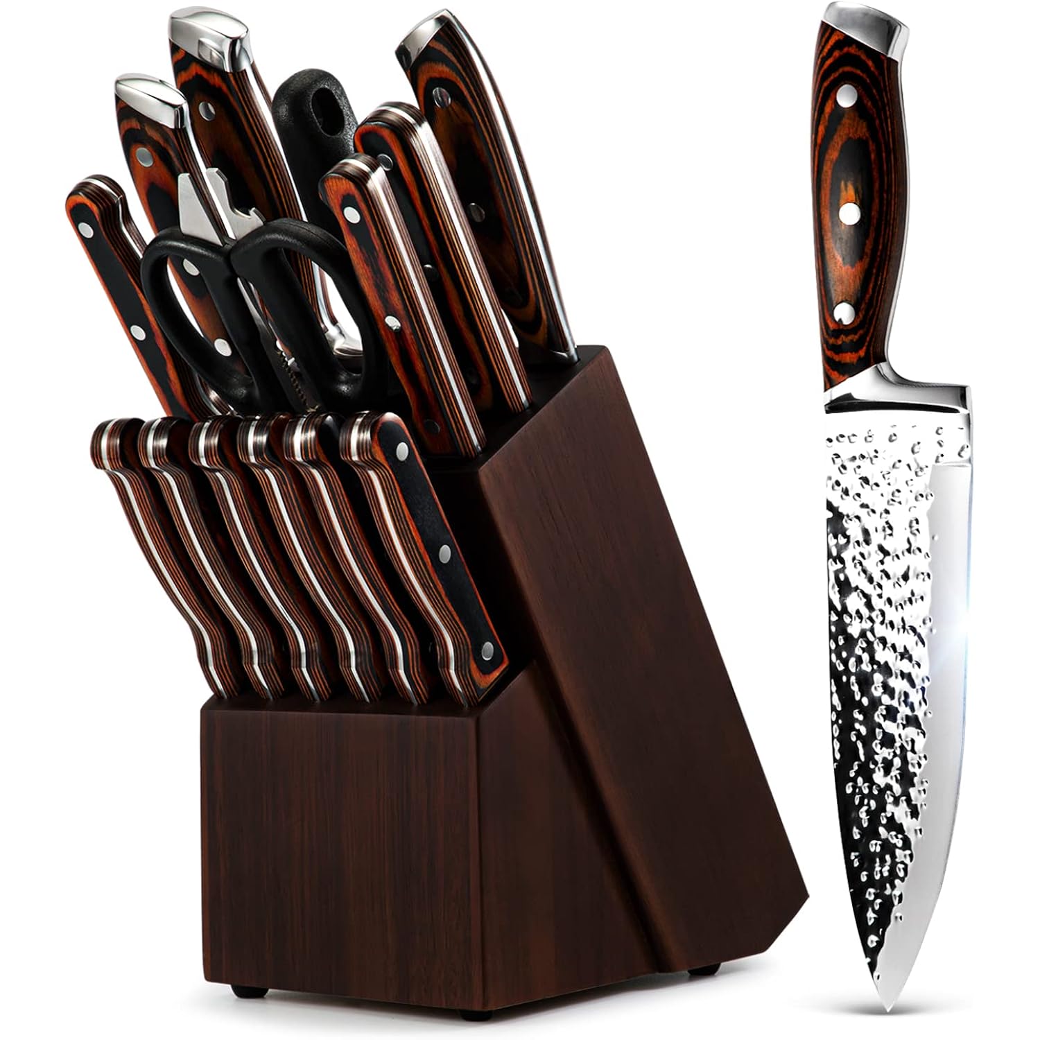 Kitchen Knife Set,15-Piece Knife Set With Block Wooden,Self Sharpening For Chef Knife Set,High Carbon Japan Stainless Steel Hammered Collection Knife Block Set With Steak Knives, Boxed Knife Set
