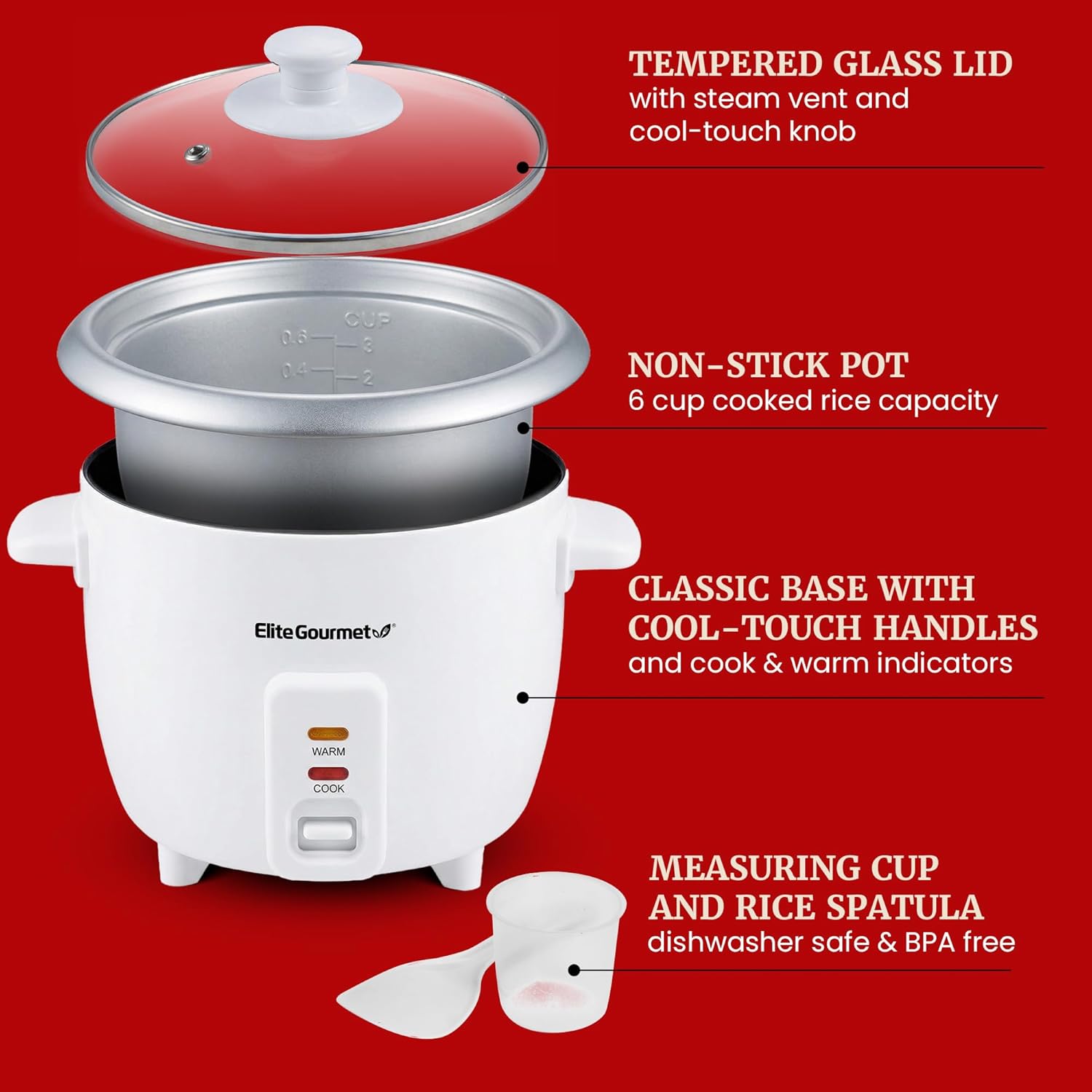 Elite Gourmet ERC-003X Electric Rice Cooker with Automatic Keep Warm Makes Soups, Stews, Grains, Hot Cereals, 6 Cups Cooked (3 Cups Uncooked), White