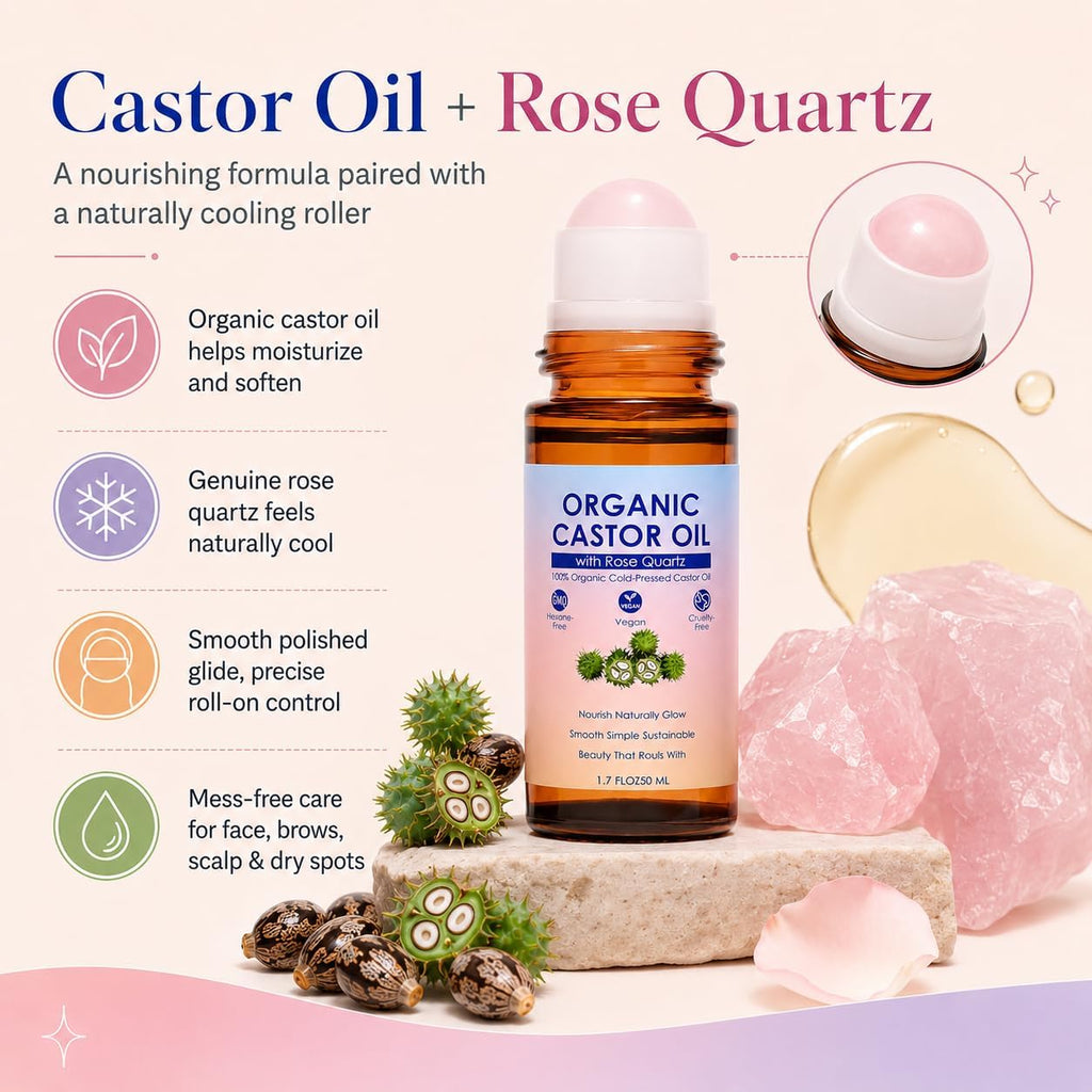 Organic Castor Oil Roll On With Rose Quartz Roller, 100% Organic Cold Pressed Castor Moisturizing Oil For Face And Body, Neck, Moisturize Skin 50Ml / 1.7 Fl Oz