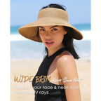 FURTALK Sun Hats for Women Wide Brim Beach Hat Straw Visor Ponytail Summer UV Packable Foldable Beach Vacation Essentials Khaki
