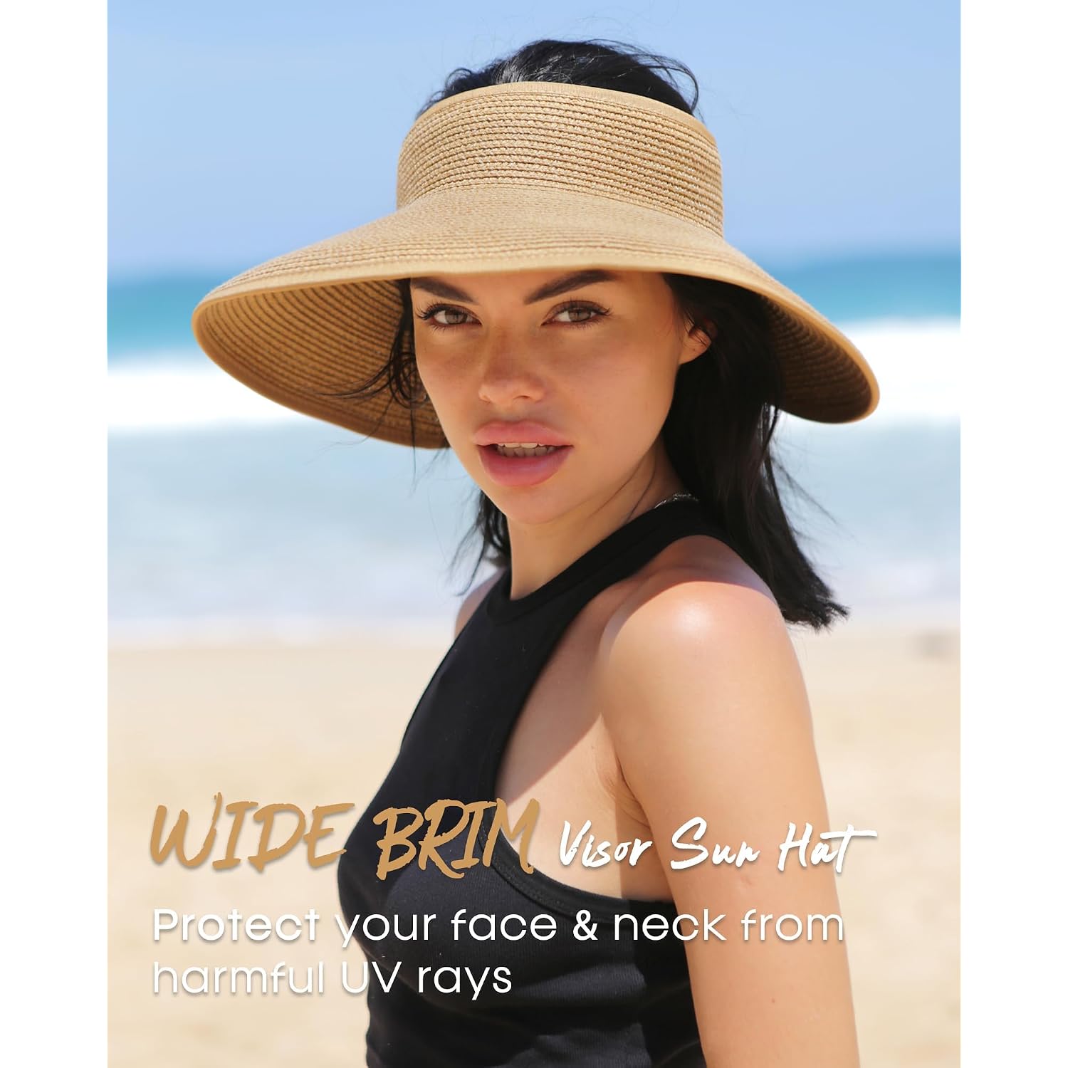 FURTALK Sun Hats for Women Wide Brim Beach Hat Straw Visor Ponytail Summer UV Packable Foldable Beach Vacation Essentials Khaki