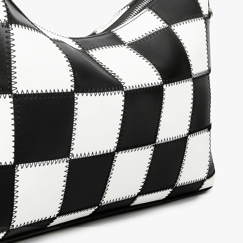 hibear Checkered Shoulder Bag for Women Classic Black and White Purse Trendy Crossbody Purse Leather Totes Hobo Handbag