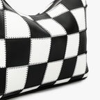 hibear Checkered Shoulder Bag for Women Classic Black and White Purse Trendy Crossbody Purse Leather Totes Hobo Handbag