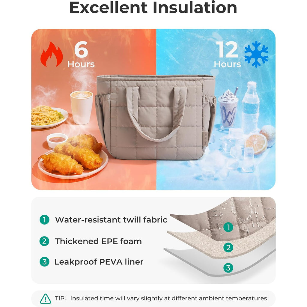 Bagsmart Lunch Bag For Women Small Cute Quilted Lunch Box Insulated Lightweight, Leakproof, Durable & Reusable Tote Bag For Work, Travel, Outdoor, Brown