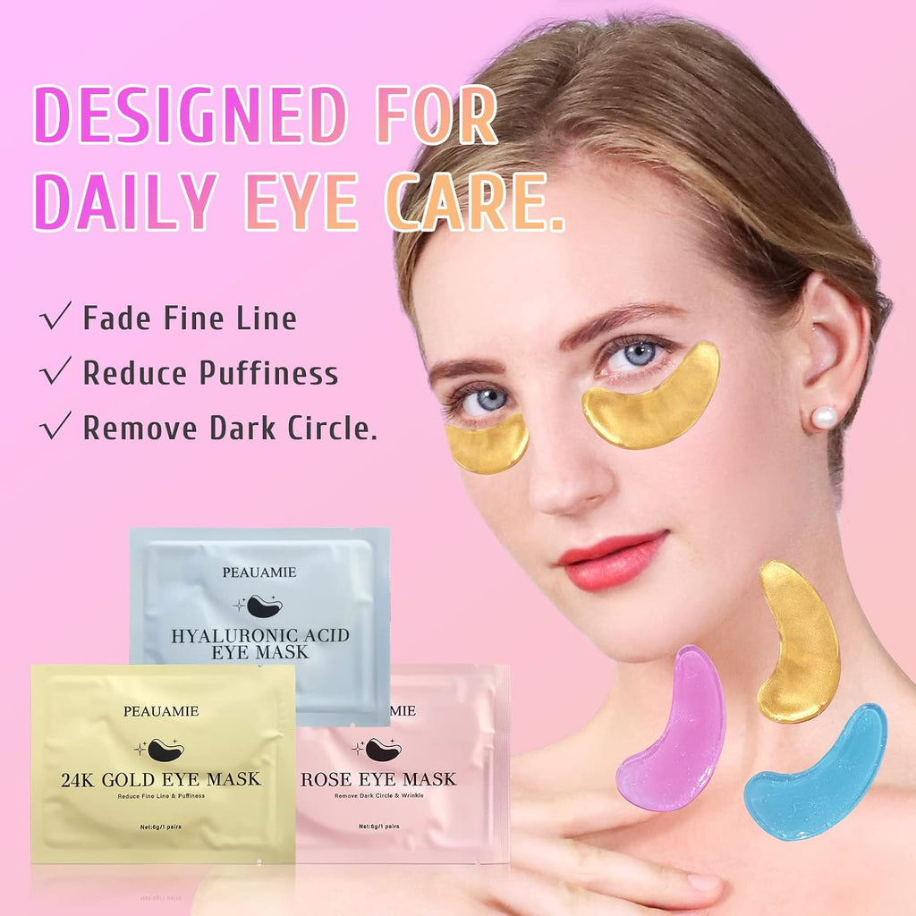 Peauamie Under Eye Patches Gold And Hyaluronic Acid For Puffy Eyes,Rose Eye Masks For Dark Circles And Puffiness Skin Care Smooth Wrinkles Products 30 Pairs