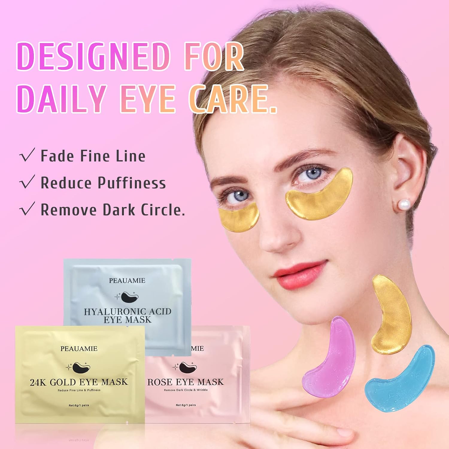 Peauamie Under Eye Patches Gold And Hyaluronic Acid For Puffy Eyes,Rose Eye Masks For Dark Circles And Puffiness Skin Care Smooth Wrinkles Products 30 Pairs