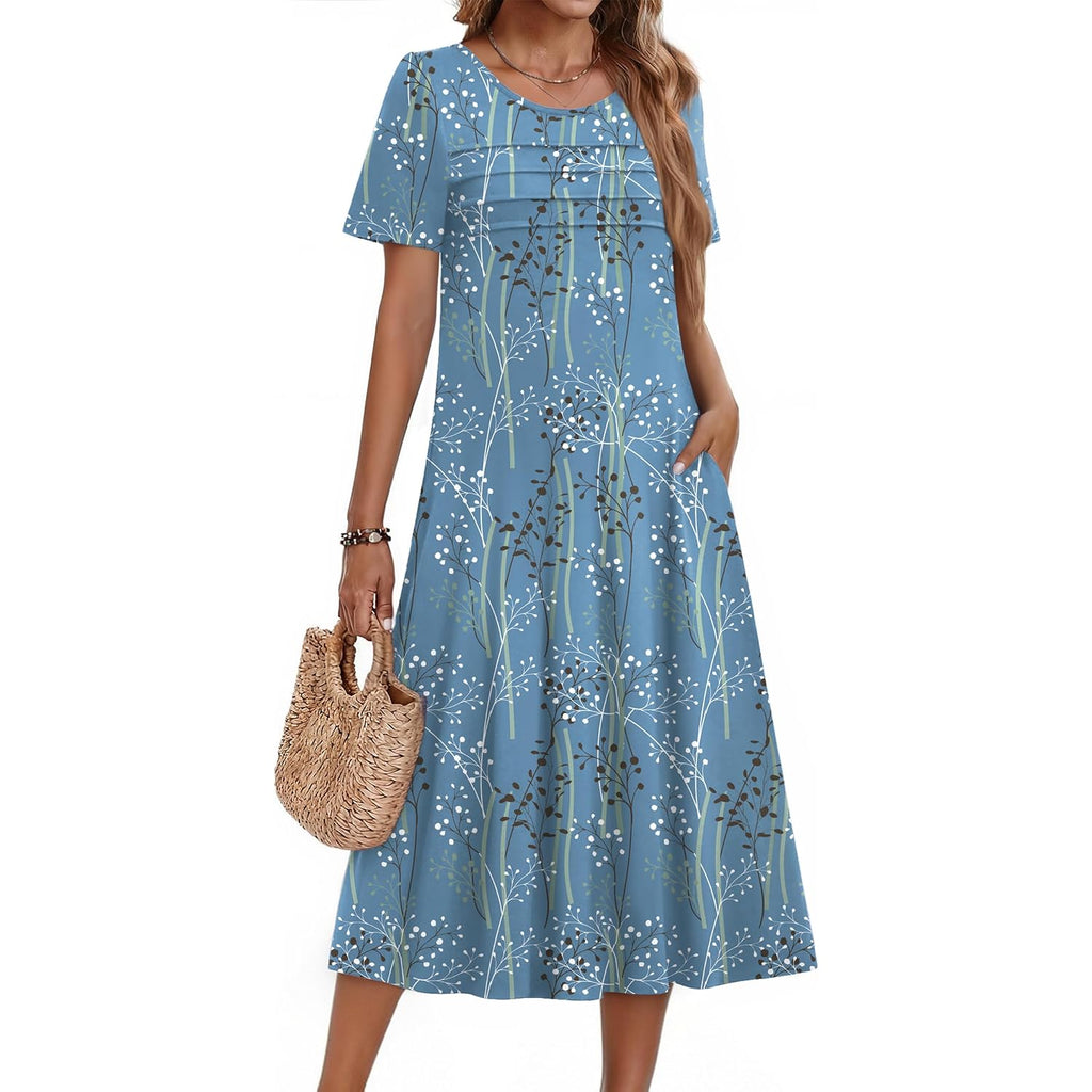 Zeagoo Womens Casual Dresses For Summer Short Sleeve Flare Midi Dress Loose Beach Sundress Pleated Front Dress With Pockets
