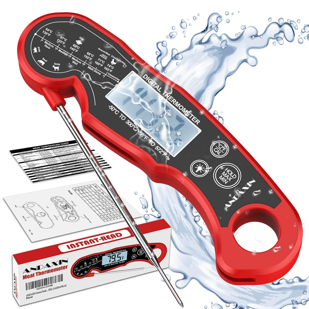 Meat Thermometer Digital For Grilling And Cooking - Andaxin Waterproof Ultra-Fast Instant Read Food Thermometers With Backlight & Calibration For Kitchen, Deep Fry, Bbq, Grill(Red/Black), Lcd