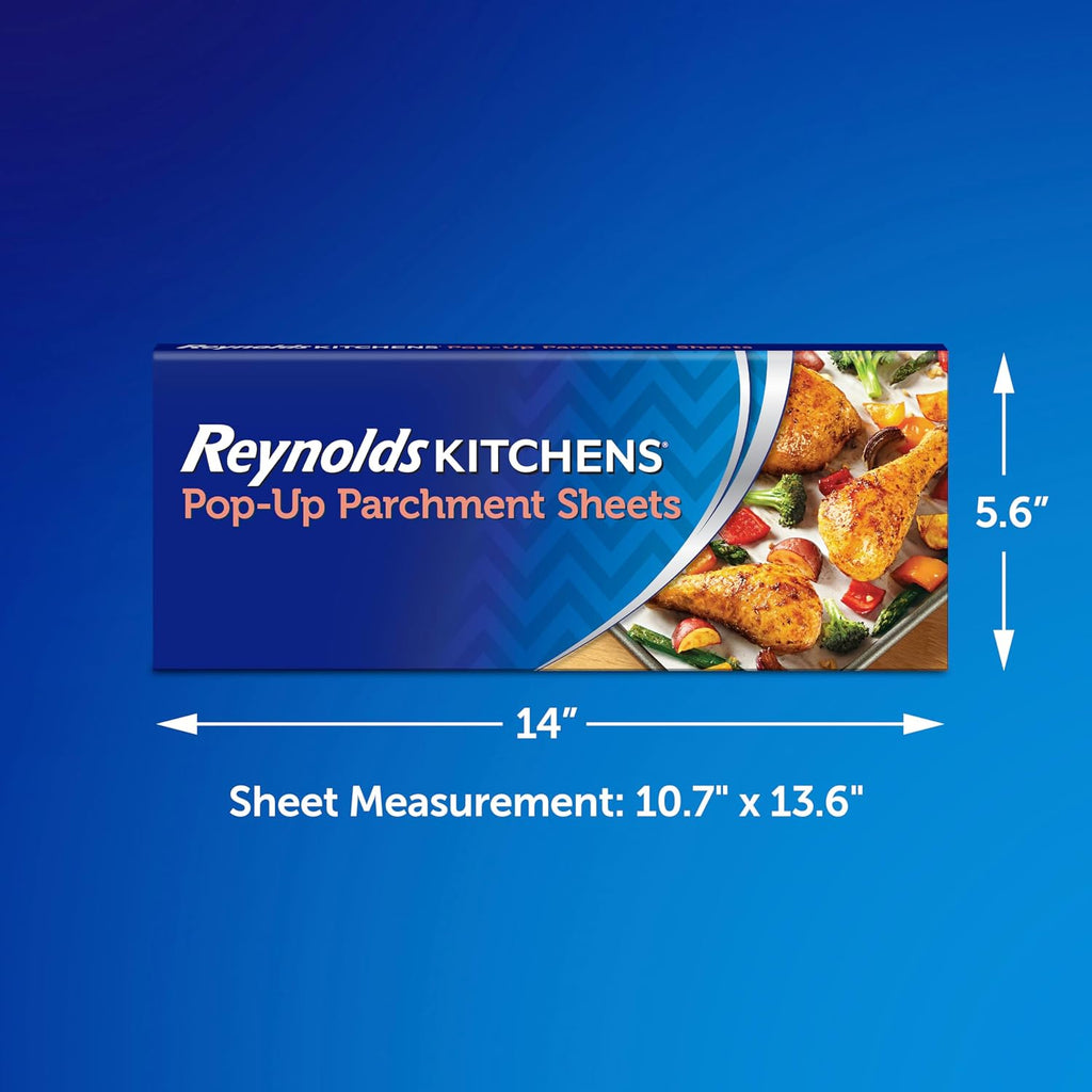 Reynolds Kitchens Pop-Up Parchment Paper Sheets, 30 Count, Fits Standard Baking Pans And Cookie Sheets, Non-Curling, Non-Stick, Pre-Cut, Oven-Safe Up To 425F, 10.75 In X 13.75 In