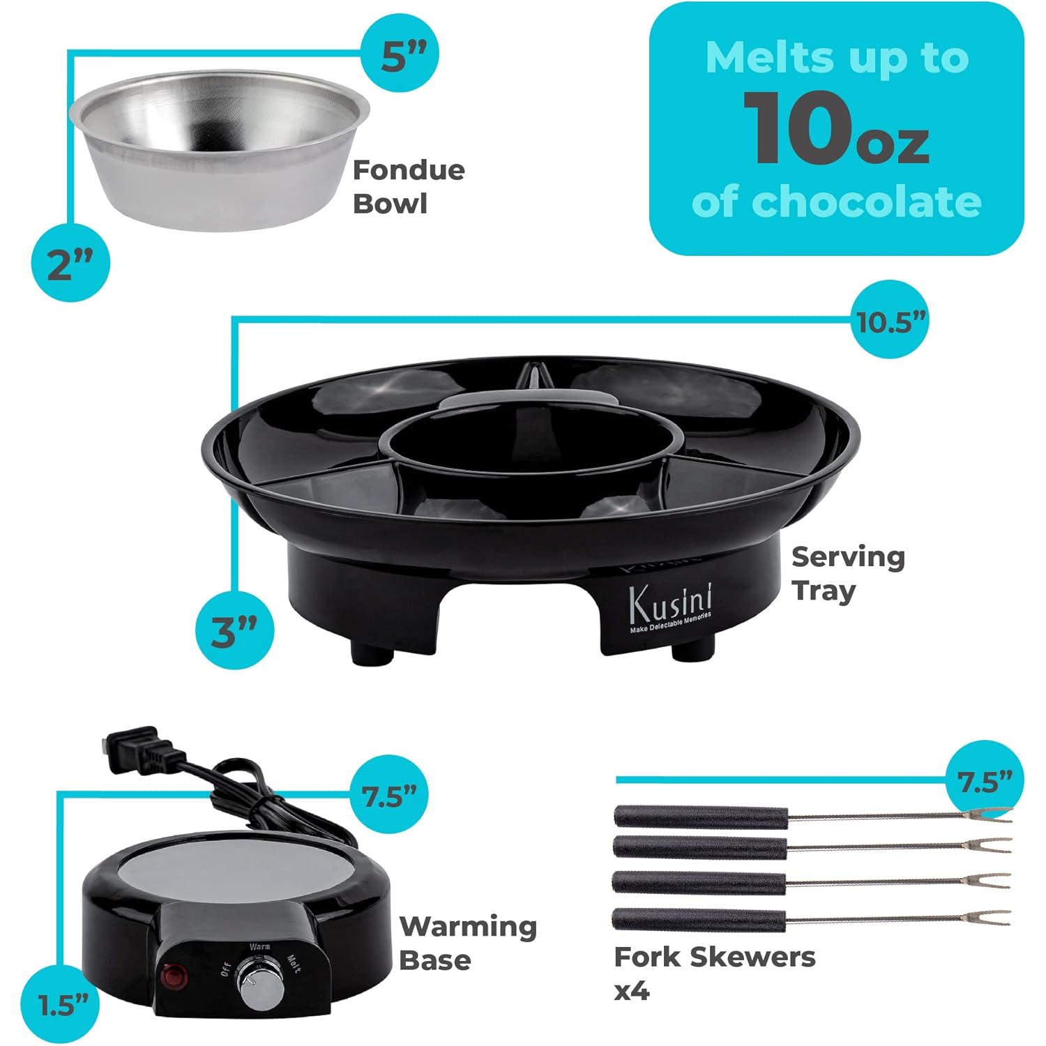 Kusini Electric Fondue Pot Set - Chocolate Fondue Kit - Temperature Control, Detachable Serving Trays, & 4 Roasting Forks - Gift Set & Date Night Idea. Serve at Movie Night or Game Night.