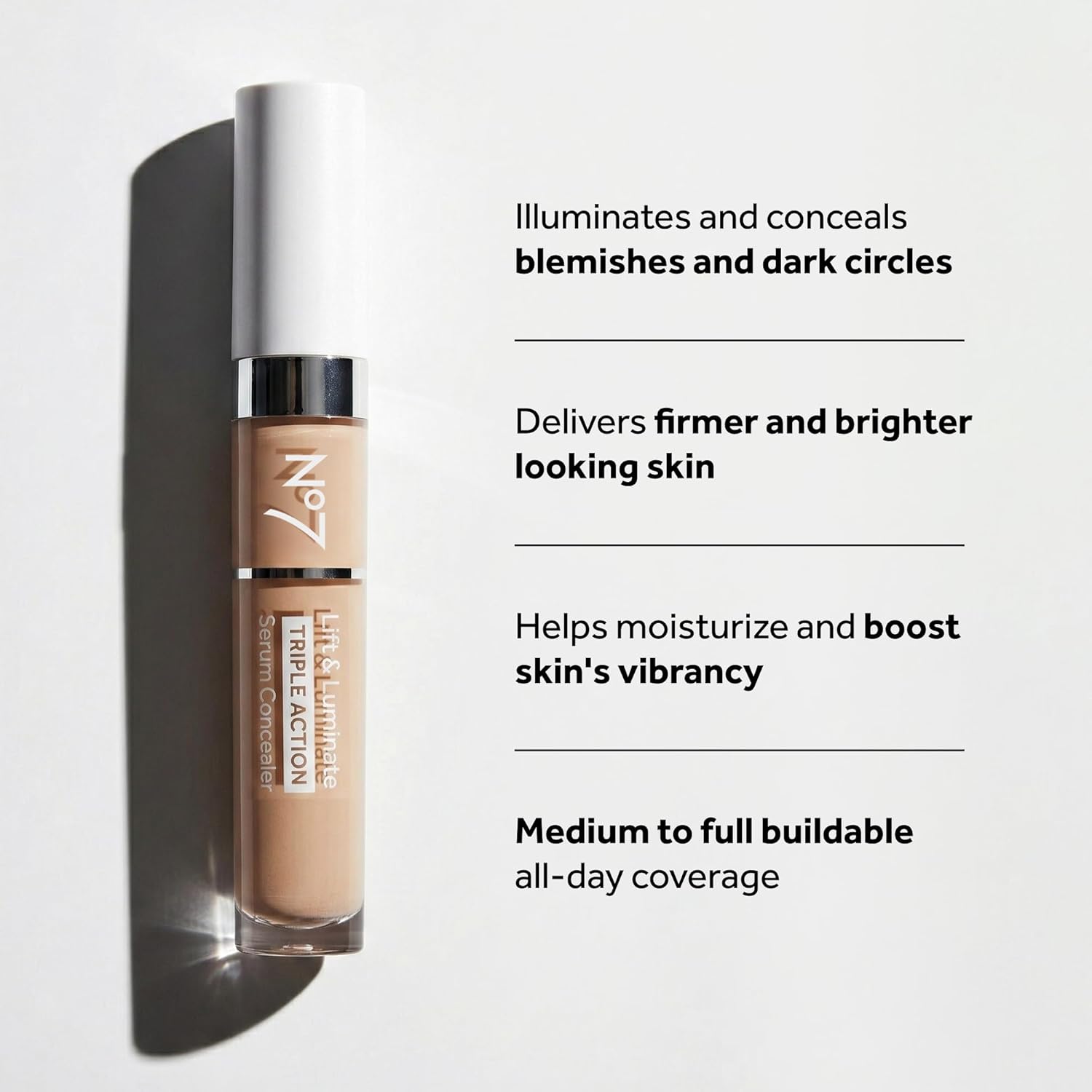 No7 Lift & Luminate Triple Action Serum Concealer - Light - Anti Aging Liquid Concealer Makeup for Blemishes & Dark Circles - Medium to Full Coverage Concealer for Face (8ml)