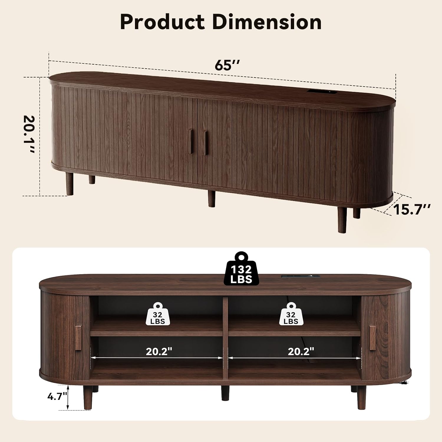 65" Mid Century Modern Tv Stand With Power Outlet, Fluted Entertainment Center With Storage And Adjustable Shelves, Wood Tv Console With Sliding Doors For Living Room, Walnut