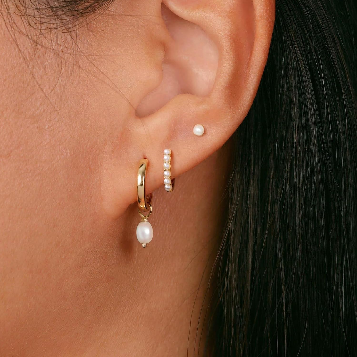 3 Pairs Small Hoop Earring Stacks, 14K Gold/Silver/Black/Rose Gold Plated Pearl Heart Butterfly Bow Star Moon Leaf Diamond Hoop Charm Drop Huggie Earrings Trendy Jewelry Gift for Women