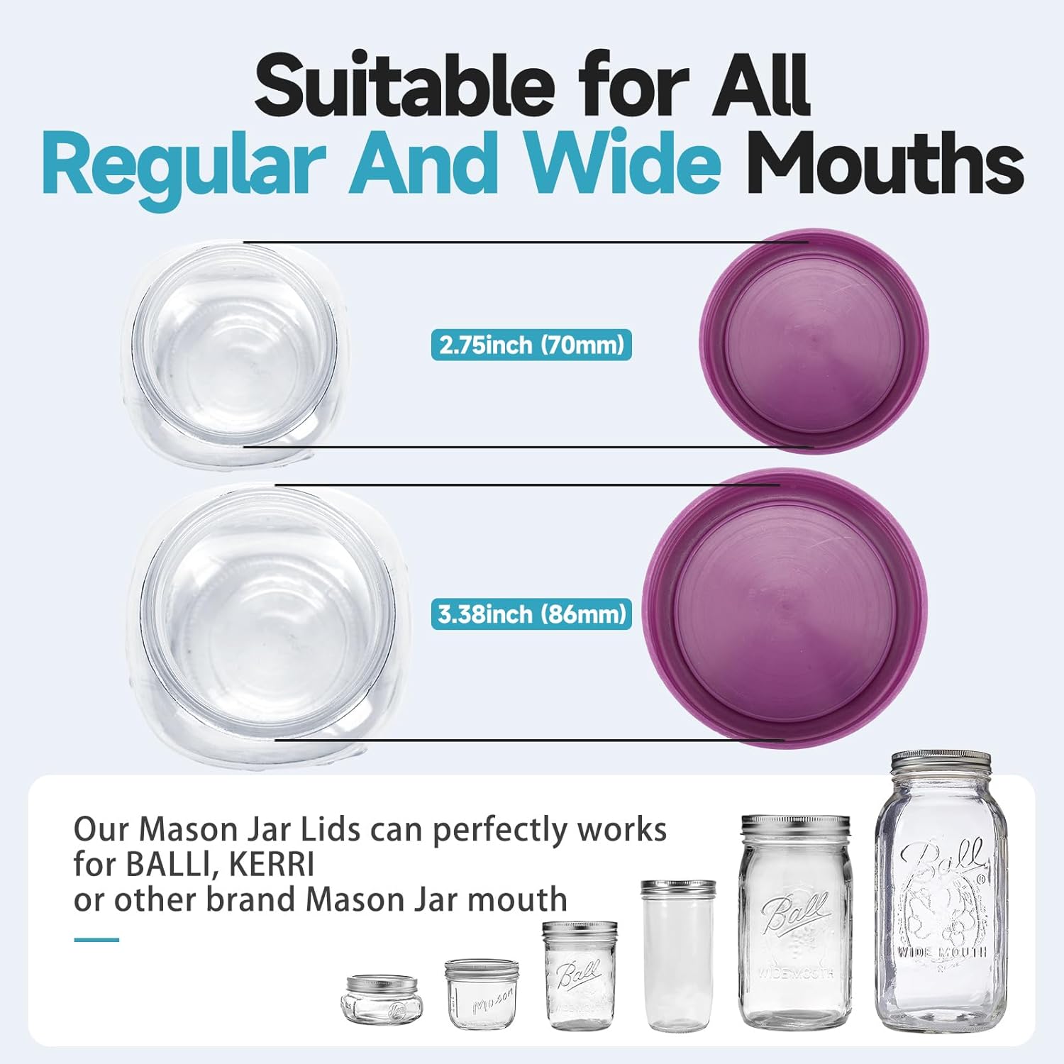 [16 Piece]8 Wide Mouth + 8 Regular Mouth Mason Jar Lids, Multi Color Plastic Lids for Mason Jars with Silicone Rings, Thickened Leak-Proof Canning Lids Regular Wide Mouth