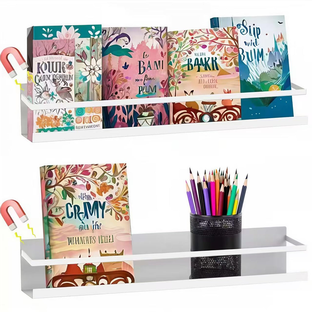 Metal Magnetic Book Shelf For Whiteboard, Metal Magnetic Bookshelf, Book Display Shelf For Teacher Kids Classroom Office (White)
