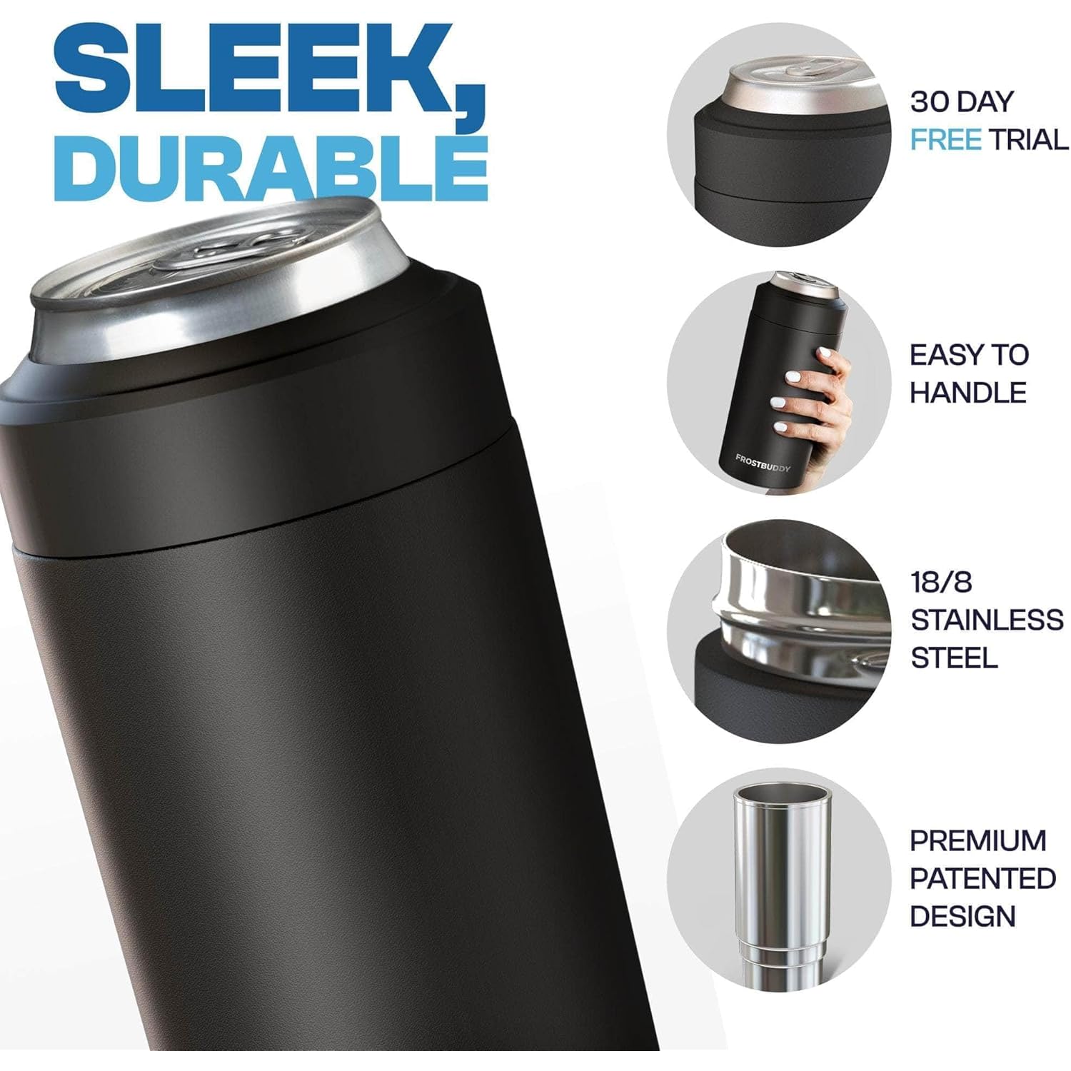 Frost Buddy Universal Can Cooler - Fits All - For Regular 12 & 16 oz or Slim-Size Bottles - Insulated Double-Walled Stainless Steel (MatteBlack)