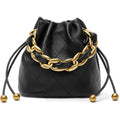 DORIS&JACKY Small Top Handle Bucket Bag, Designer Lambskin Drawstring Crossbody Purse with Chunky Chain Tote Strap