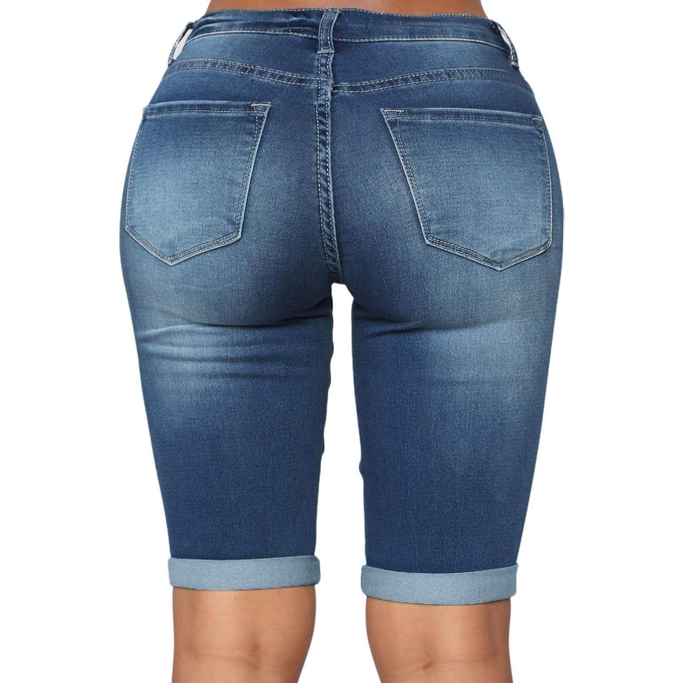 Womens Mid Rise Roll Cuff Bermuda Stretch Denim Jean Shorts