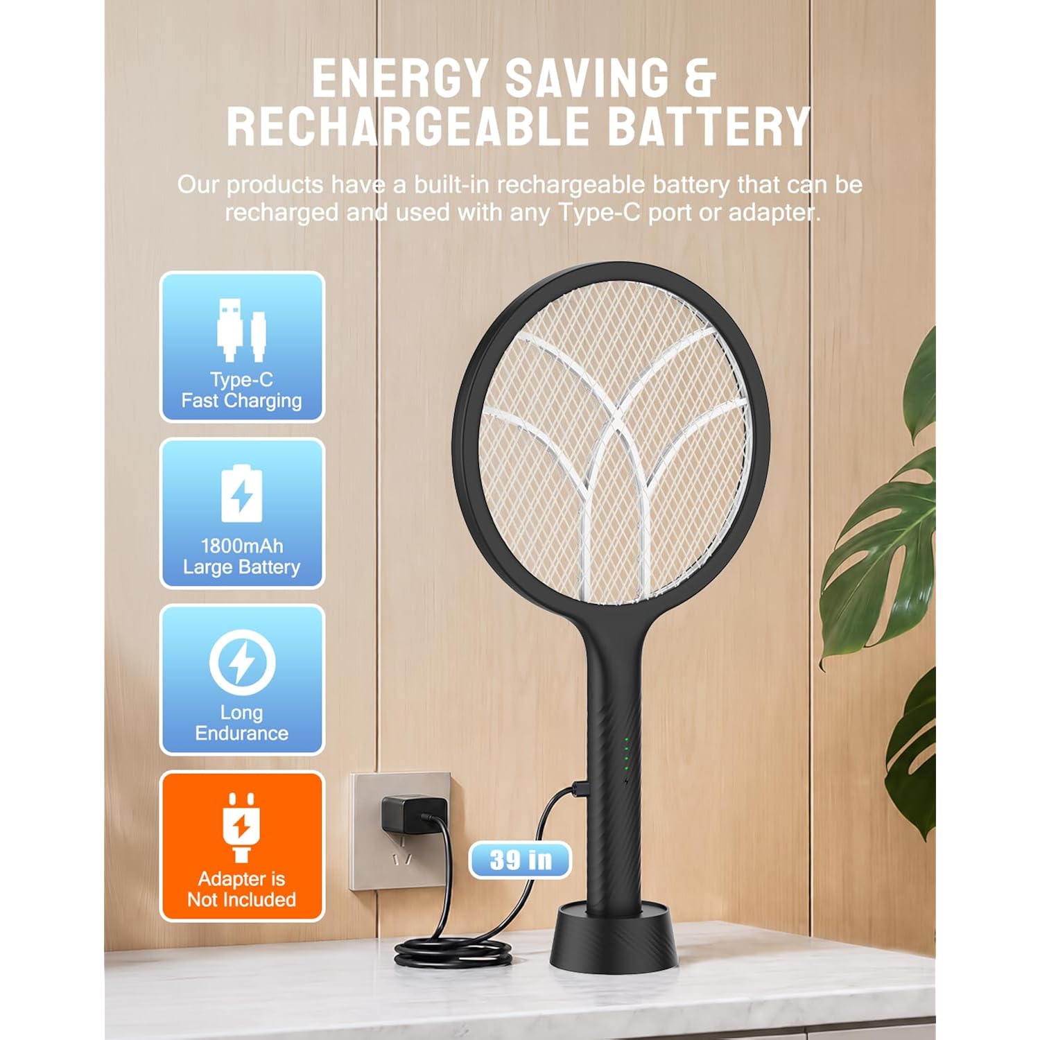 Mosiller Electric Fly Swatter Racket, 4000V Bug Zapper With 1800Mah & Dual Modes, 2 In 1 Rechargeable Purple Mosquito Light Killer With 3-Layer Safety Mesh For Indoor Home Patio Camping Office(1 Pack)