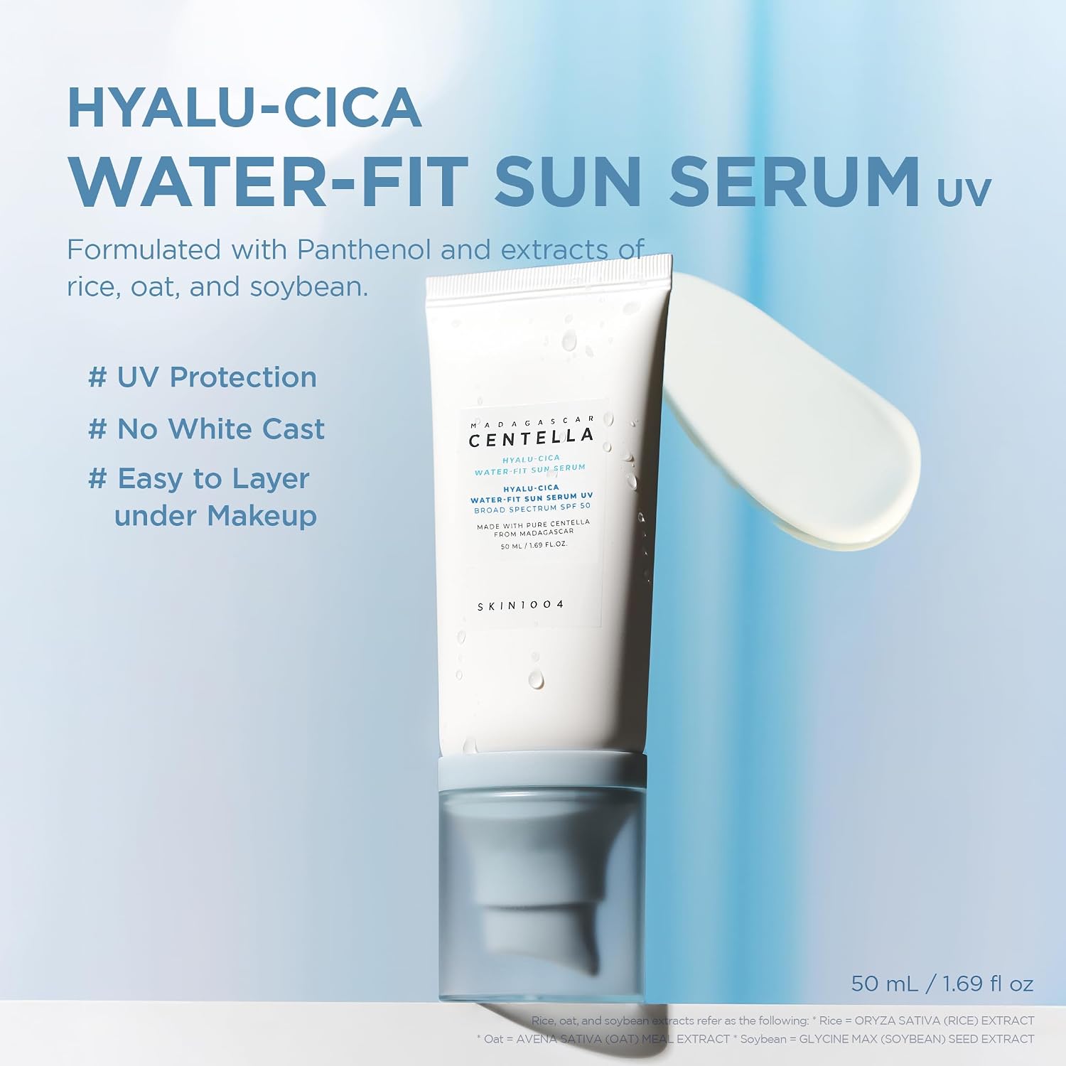 Skin1004 Centella Hyalu-Cica Water-Fit Sun Serum Uv, Korean Sunscreen Spf 50, Centella Sunscreen, Travel Essentials, Sunscreen With Hyaluronic Acid, No White Cast, Korean Skin Care, 1.69 Fl.Oz / 50Ml