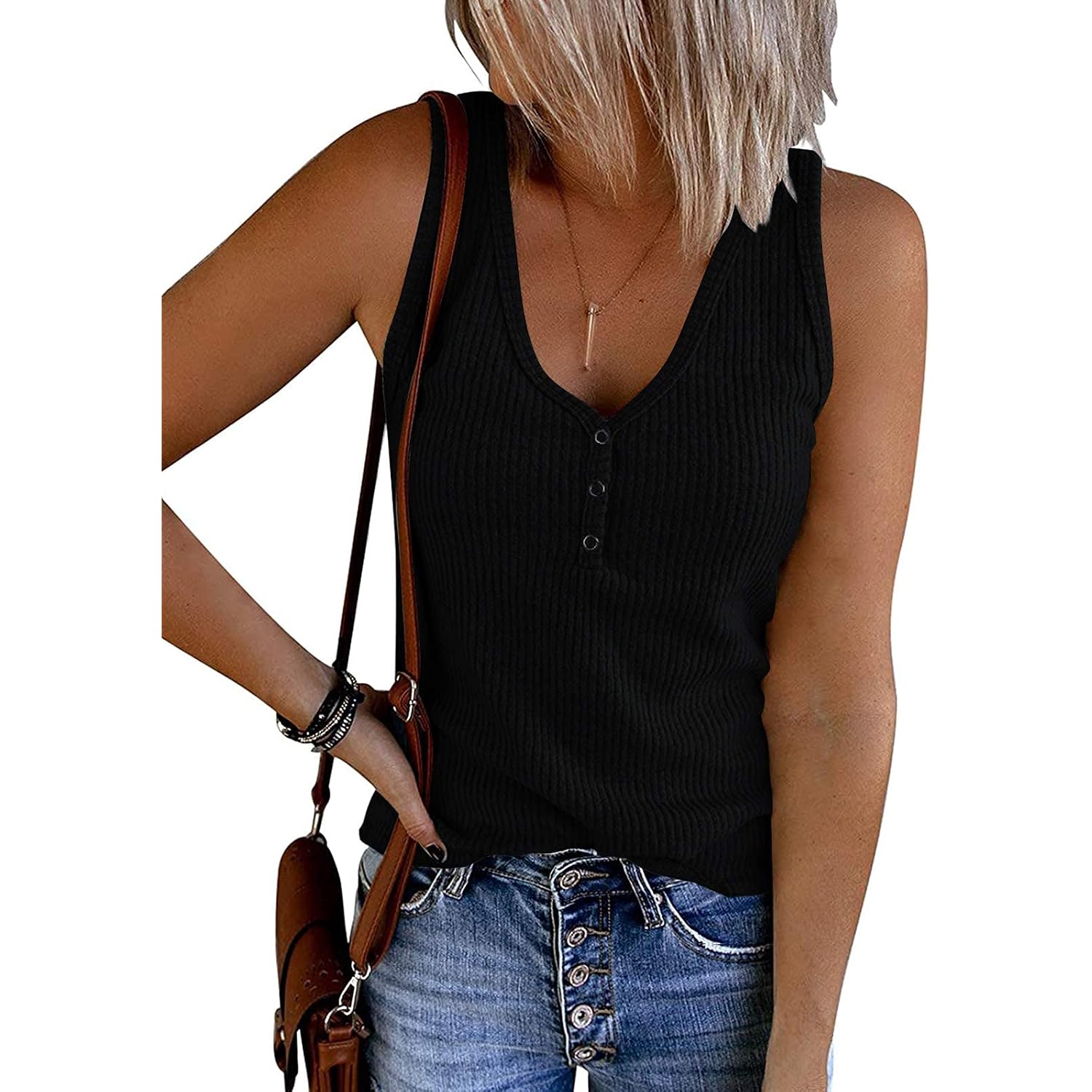 Merokeety Women'S 2026 Summer Sleeveless Tank Tops V Neck Ribbed Dressy Casual Henley Shirts Button Loose Cami Tees