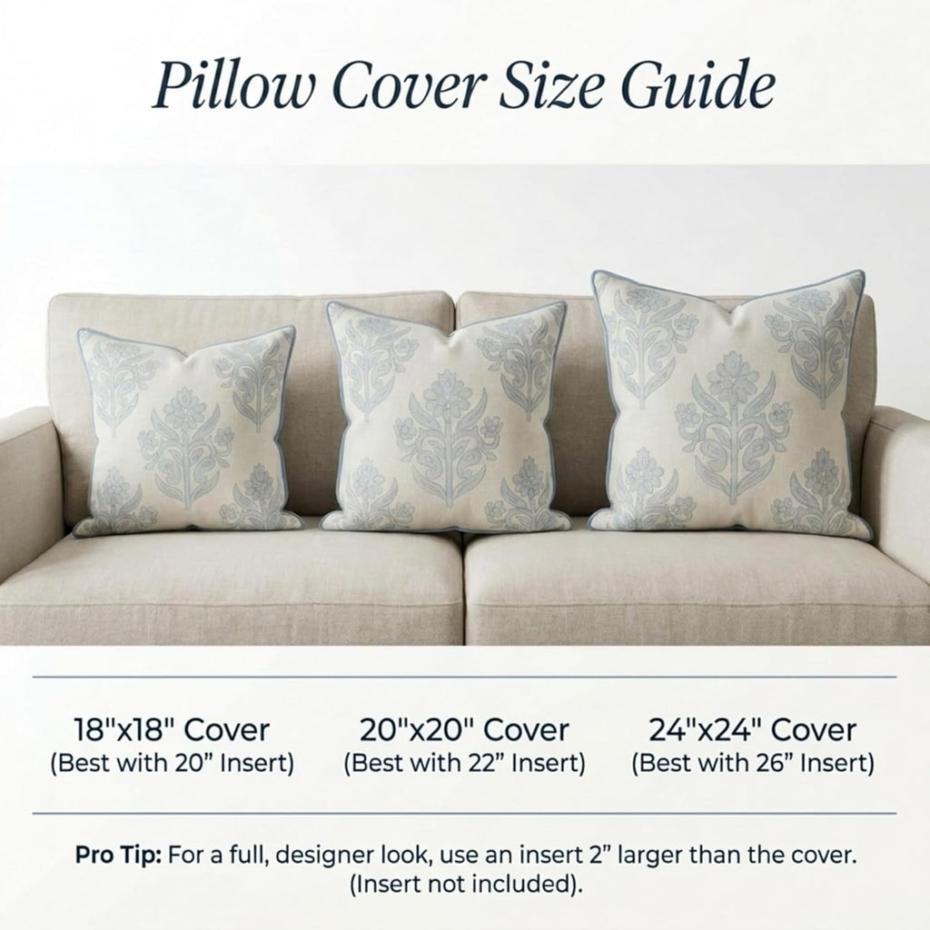 “The Naples” Floral Block Print Pillow Cover – Grey And White Blue Decorative Throw Pillow Cover – Grandmillennial Home Decor, 20" X 20"