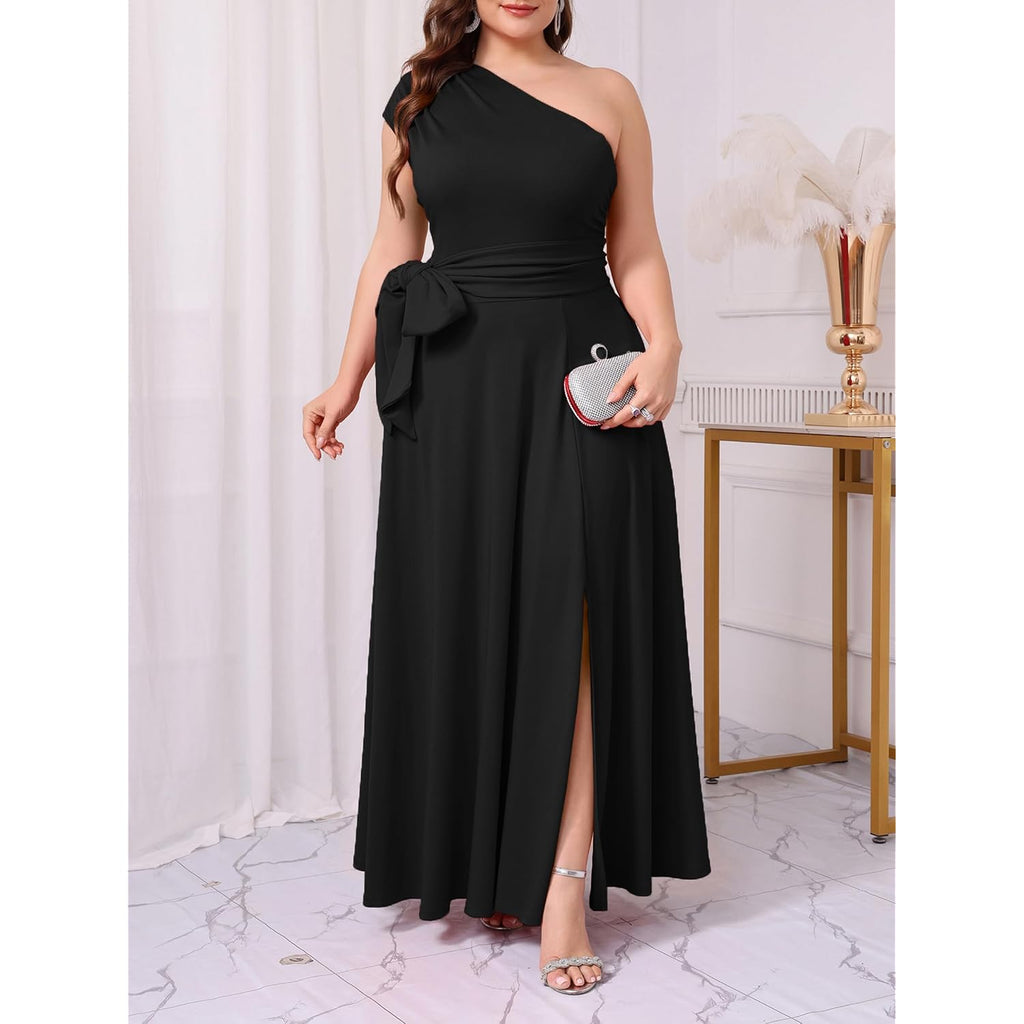 Ekaliy Women'S One Shoulder Belted Maxi Dress Long Formal Wedding Guest Dress With Pockets