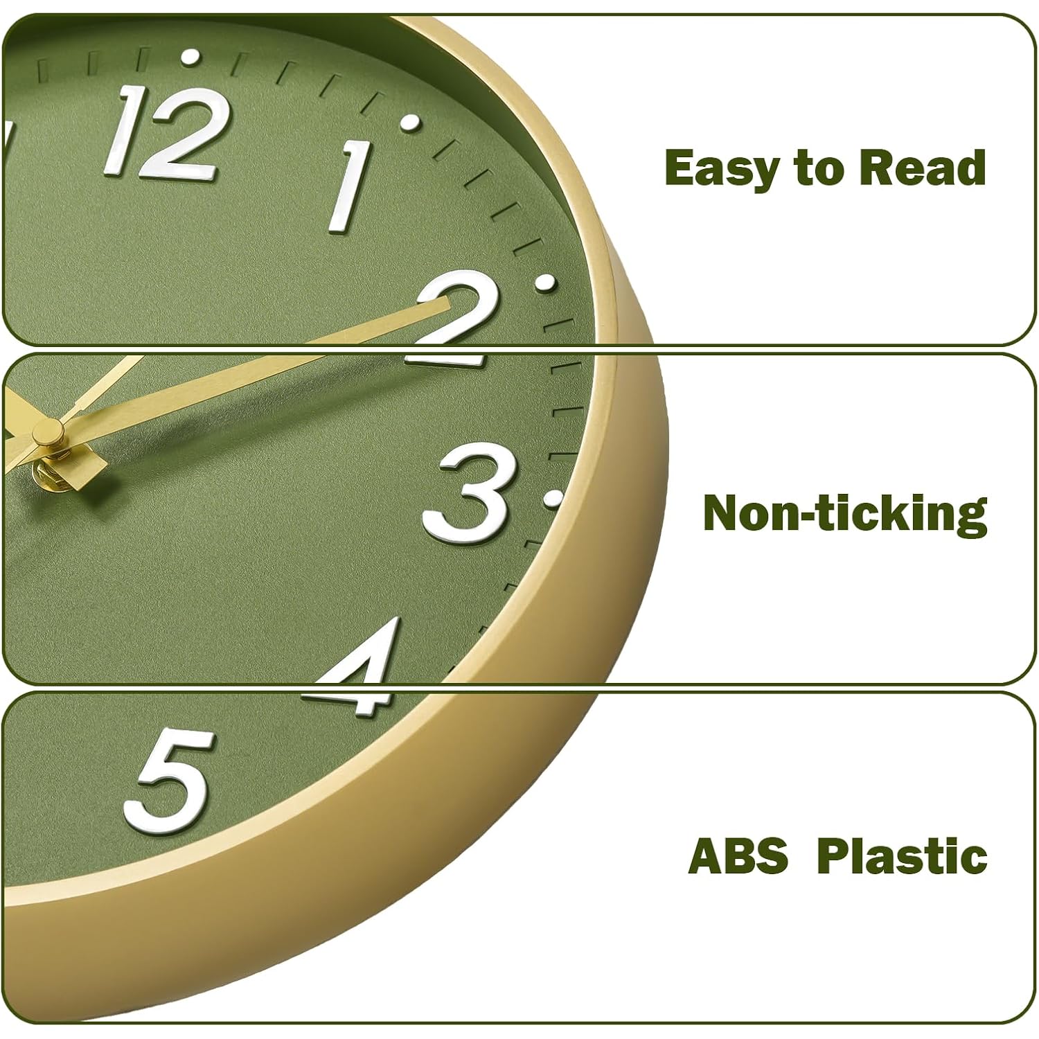 Wall Clock 8 Inch, Battery Operated Silent Non-Ticking Modern Analog Clock Decorative For Kitchen, Bedroom, Office(Olive Green And Gold)