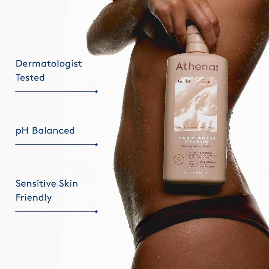 Athena Club Skin Replenishing Body Wash For Women, Sulfate Free Nourishing Cleanser With Niacinamide, Gently Cleanses Without Stripping, Golden Vanilla Scent, 18 Fl Oz