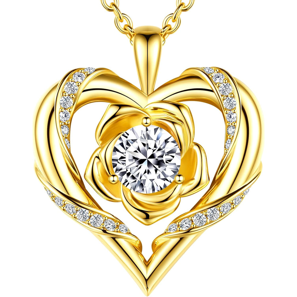 Beam & Bask Rose Flower Heart Moissanite Necklaces for Wife, S925 Silver Pendant for Women, 18K Gold Plated Jewelry for Her Girlfriend Mom for Anniversary Birthday