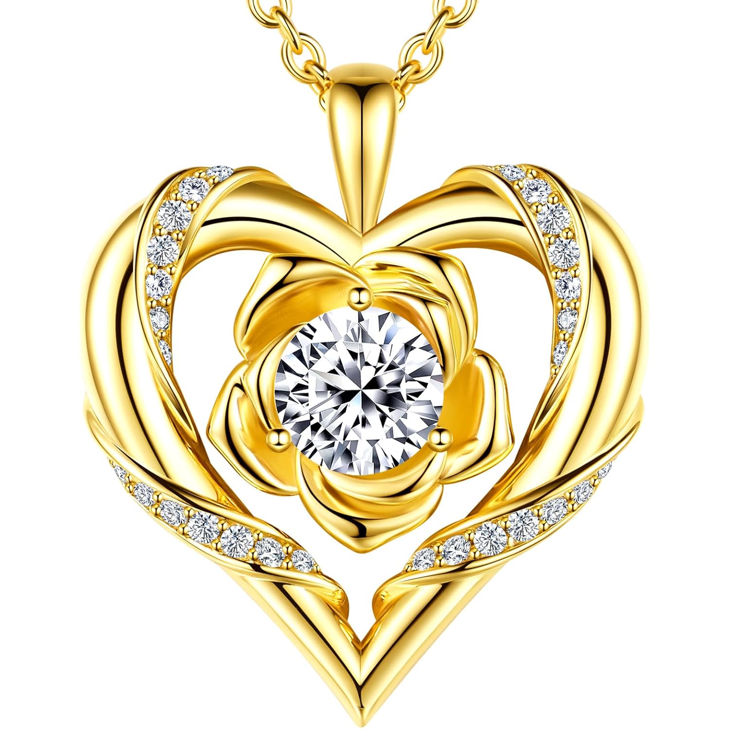 Beam & Bask Rose Flower Heart Moissanite Necklaces for Wife, S925 Silver Pendant for Women, 18K Gold Plated Jewelry for Her Girlfriend Mom for Anniversary Birthday