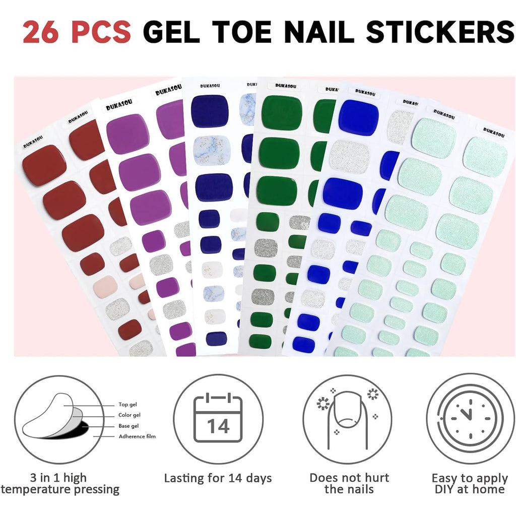 Semi Cured Gel Toe Nail Strips,26 Pcs Toes Nail Stickers Wraps(Purple),UV Light Required,Easy to Apply
