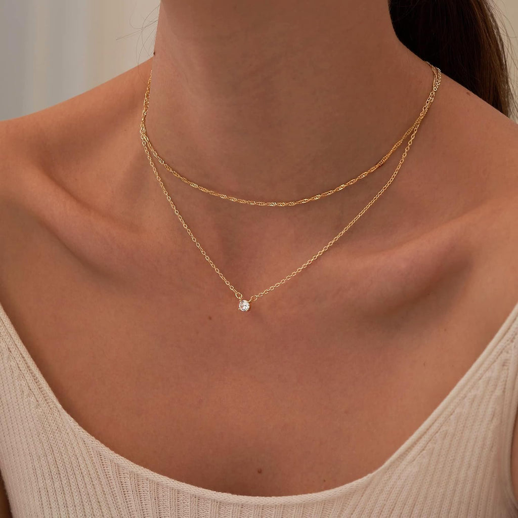 Tewiky Dainty 14k Gold Plated/Silver Cubic Zirconia Necklaces for Women, Simple CZ Jewelry Necklaces Trendy Gifts
