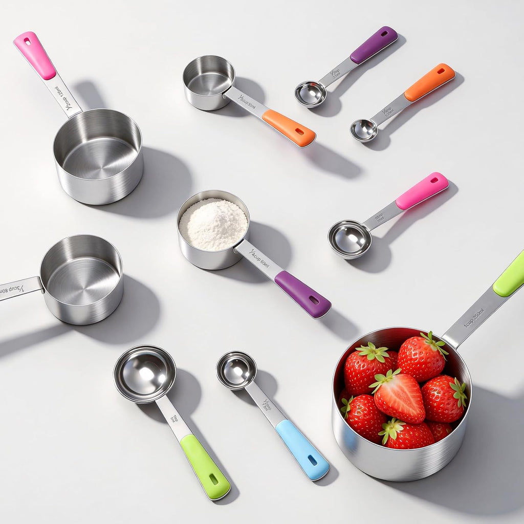Measuring Cups And Spoons Set Stainless Steel 10 Piece For Cooking And Baking (5 Cups + 5 Spoons, Colorful Handles)