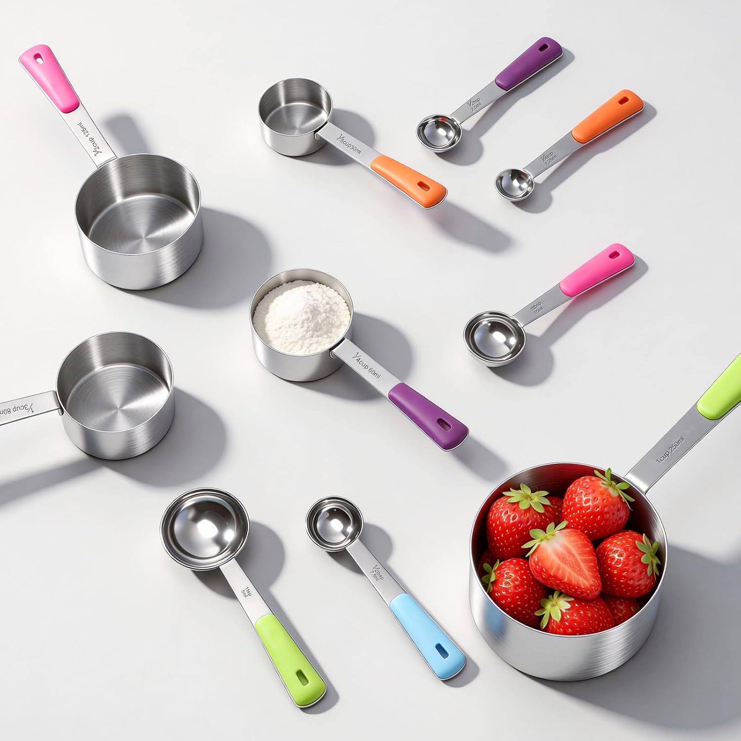 Measuring Cups And Spoons Set Stainless Steel 10 Piece For Cooking And Baking (5 Cups + 5 Spoons, Colorful Handles)