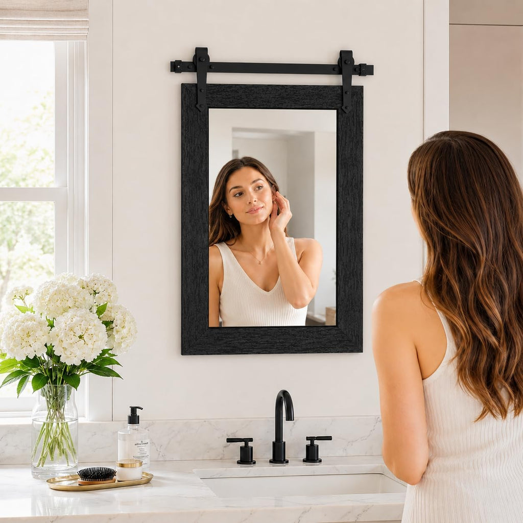 Farmhouse Bathroom Mirror For Over Sink 22”X32” Black, Rustic Western Barn Decor Bathroom Vanity Mirror, Wall Mirror For Bathroom, Living Room, Bedroom, Entryway