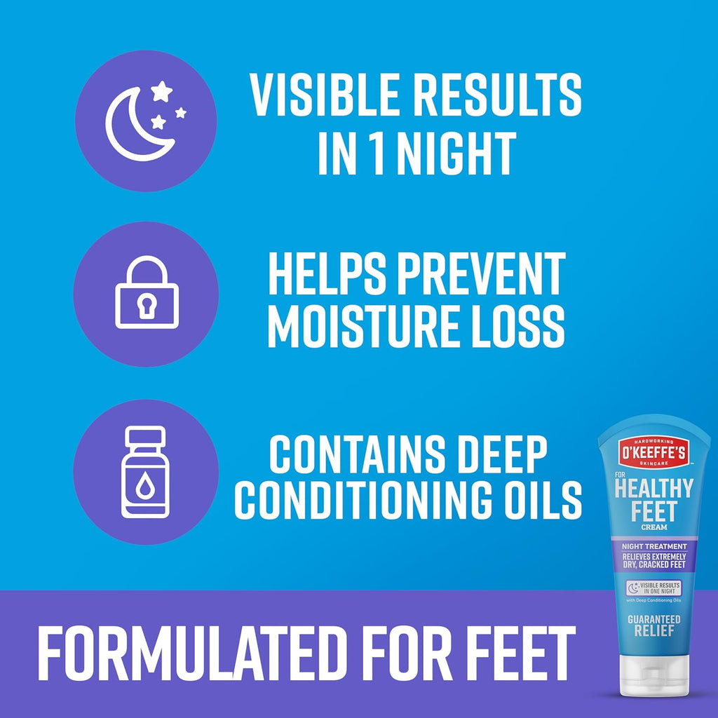 O'Keeffe's for Healthy Feet Night Treatment Foot Cream - 7 oz Tube (1 Pack) - Guaranteed Overnight Relief for Extremely Cracked, Dry Feet, Repairing Skincare, Instantly Boosts and Retains Moisture Levels
