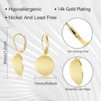 14K Gold Dangle Earrings for Women，Lightweight Circle Disc Coin Geometric Flat Brushed Drop Earrings, Hypoallergenic Leverback Earrings S925 Jewelry