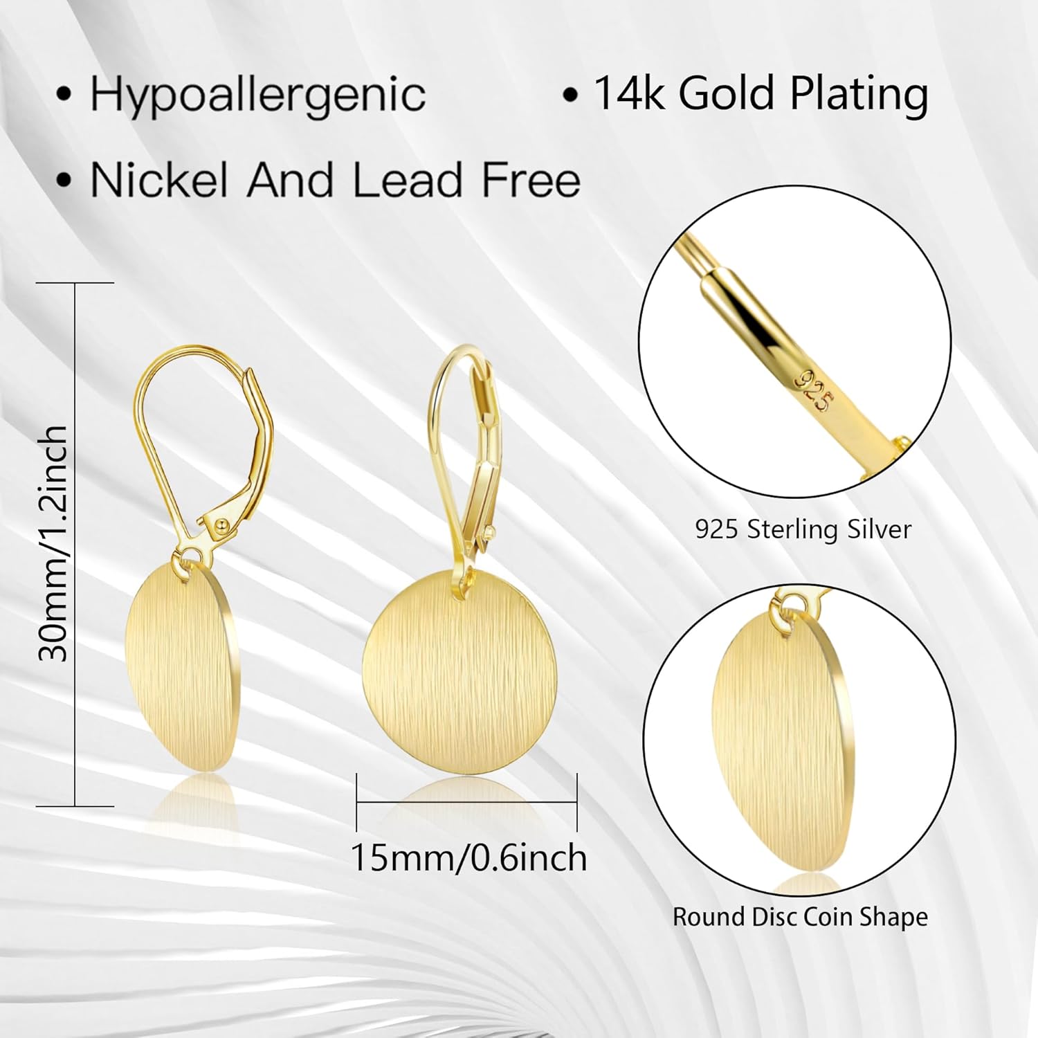14K Gold Dangle Earrings for Women，Lightweight Circle Disc Coin Geometric Flat Brushed Drop Earrings, Hypoallergenic Leverback Earrings S925 Jewelry